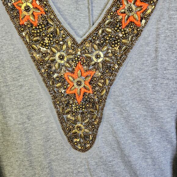 🦃 Ludi Womens Grey Stretchy Dolman Sleeve Top Blouse Beaded V Neck Large - Picture 6 of 8